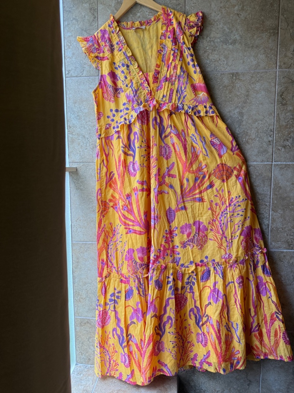 Banjanan Constance Golden Maxi Dress 100% Cotton Pockets Lined Ruffle Frills XL